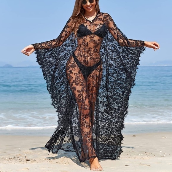 BEACH Cover Up Boho Lace Kimono Bikini Robe Swimsuit Bathing Suit Costume Role - Picture 1 of 6